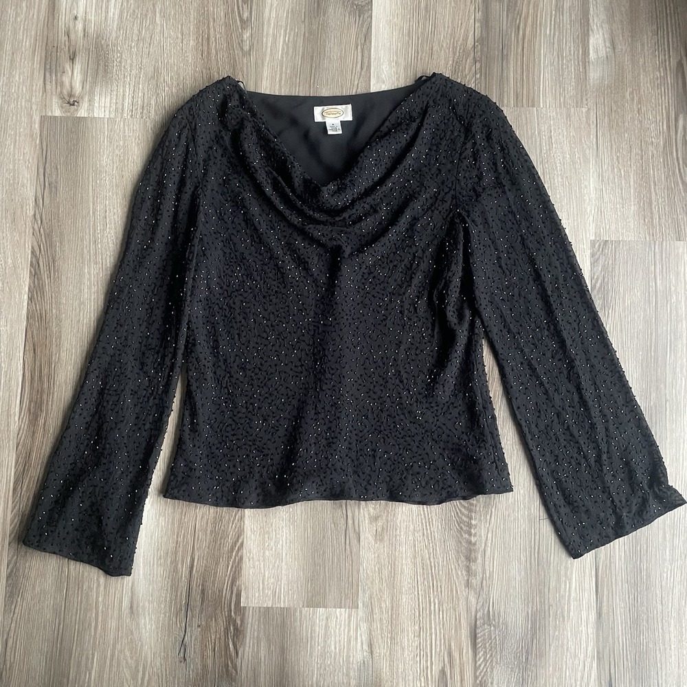 Vintage Talbots Women's 8 Black Silk Beaded Sheer Top Cowl Neck‎ Sheer Sleeve